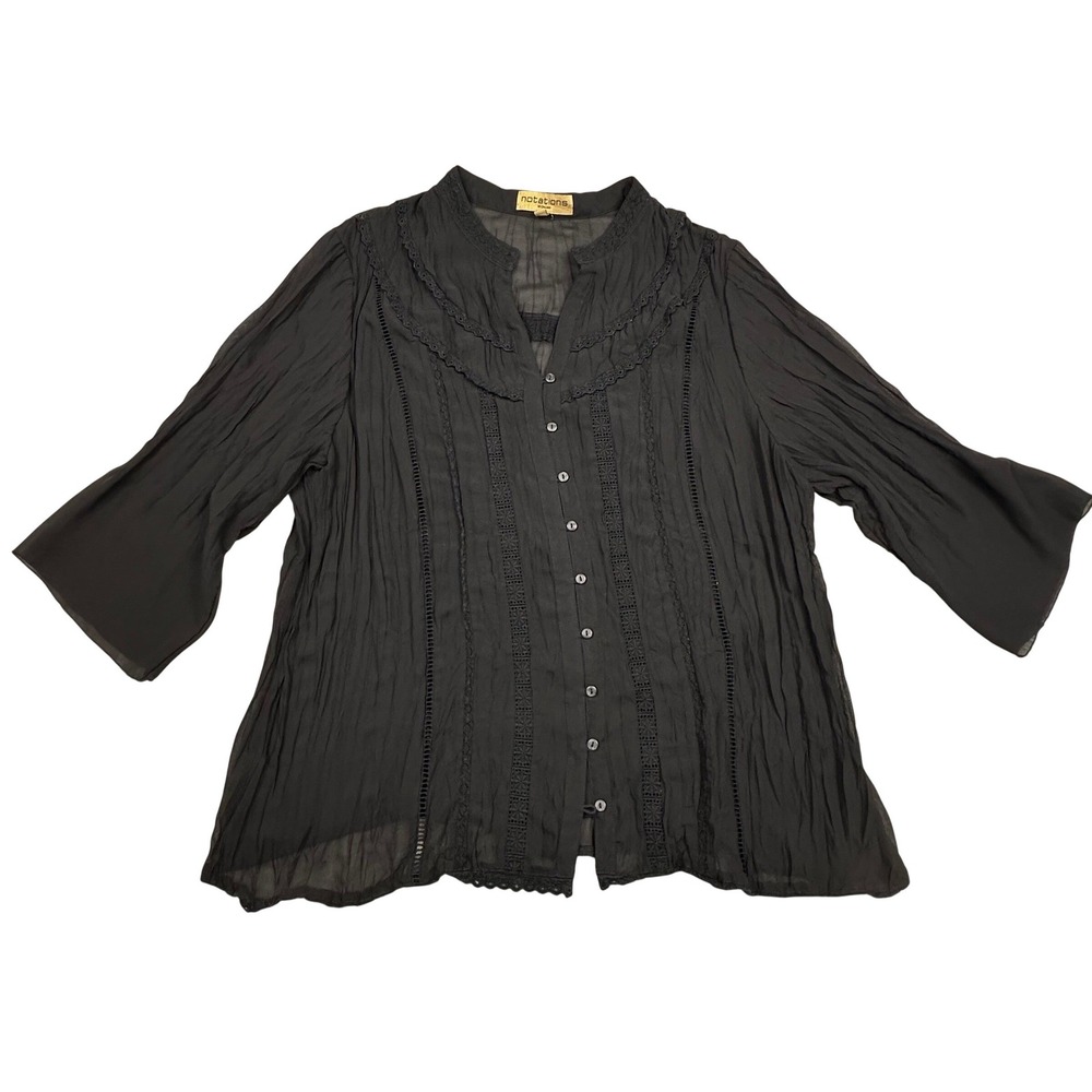 Black Lace Trim Button Front Crinkle Chiffon Blouse 2X Whimsigoth Bell Sleeve